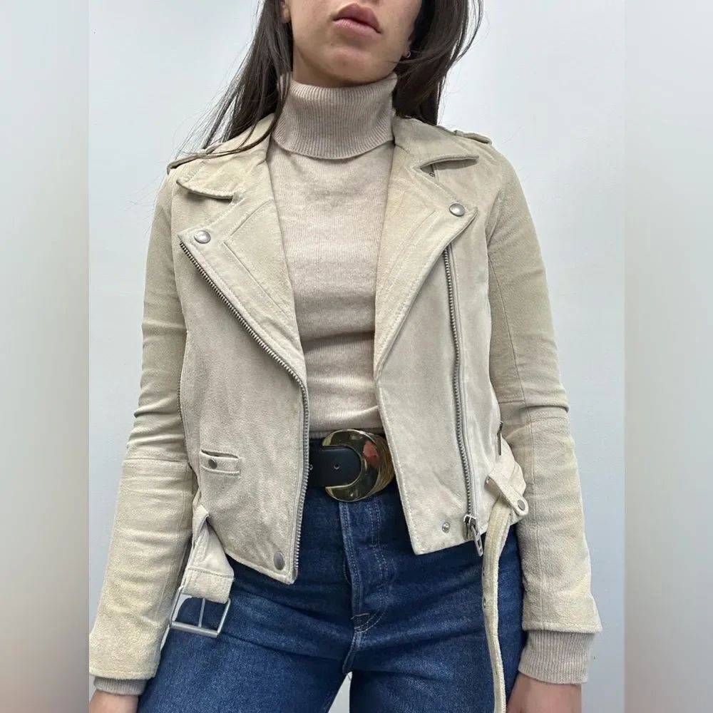 Blank NYC Beige Tan Suede Moto Biker Jacket Belted  Zip Front Silver Hardware S